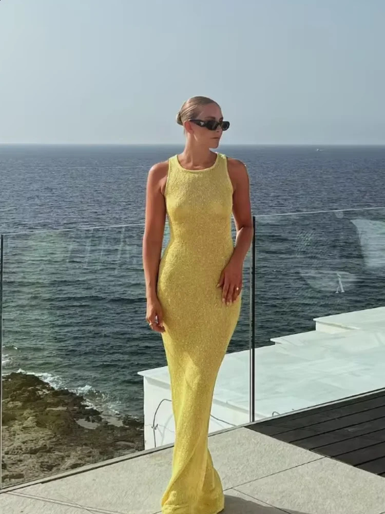 Sequin Slim Scoop Neck Maxi Dress Women Glitter See-Through Sleeveless Sexy Patchwork Summer Bodycon Long Dresses Female Party 240731