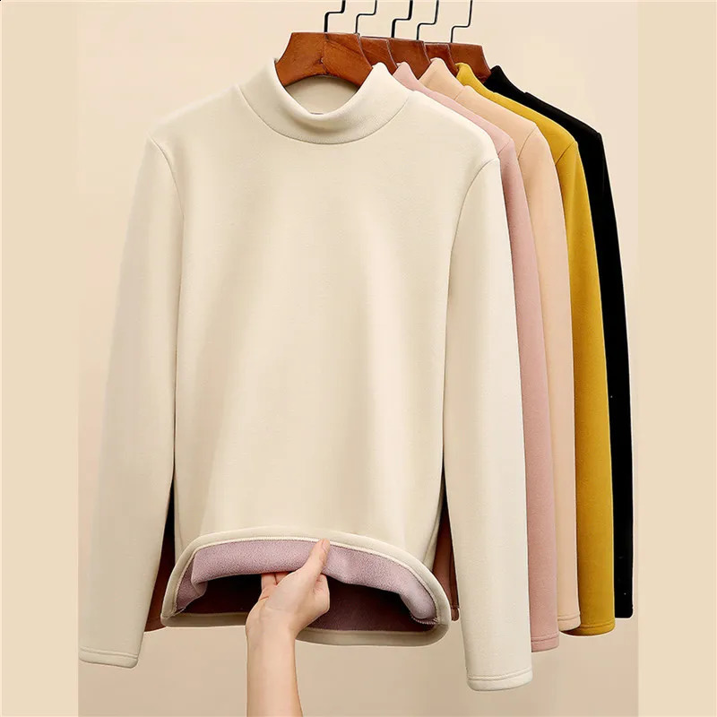 Winter Half High Collar Sweater Velvet Padded Bottom Shirt Women Thicken Long Sleeved TShirt Versatile Warm Cotton Jumper 240730