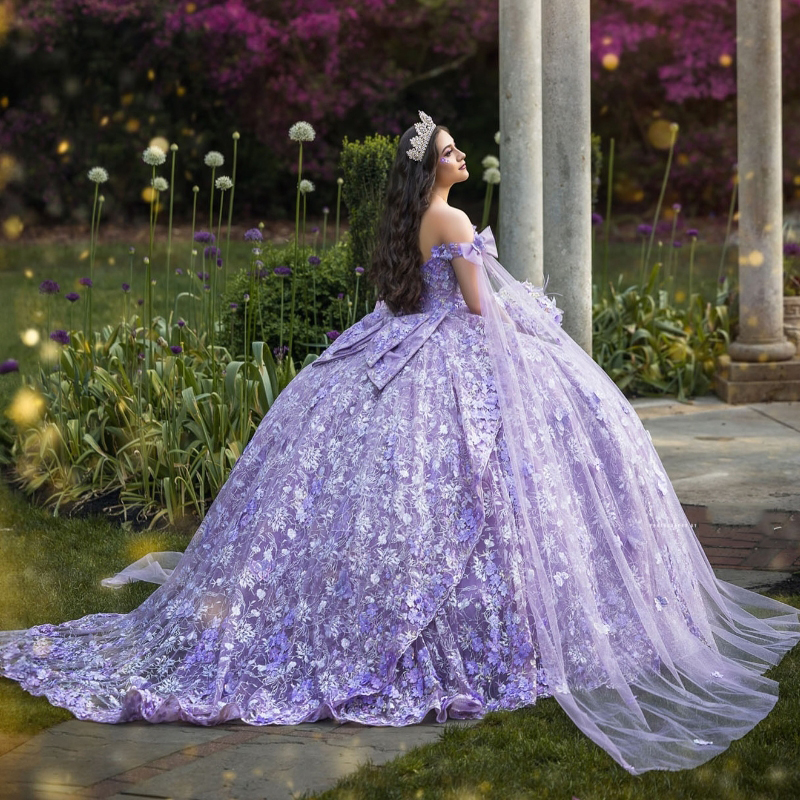 Lavender Shiny Quinceanera Dressess 2024 With Cape Applique Lace Beads Ball Gowns Sweet 16 Dress Vestidos De 15 Anos