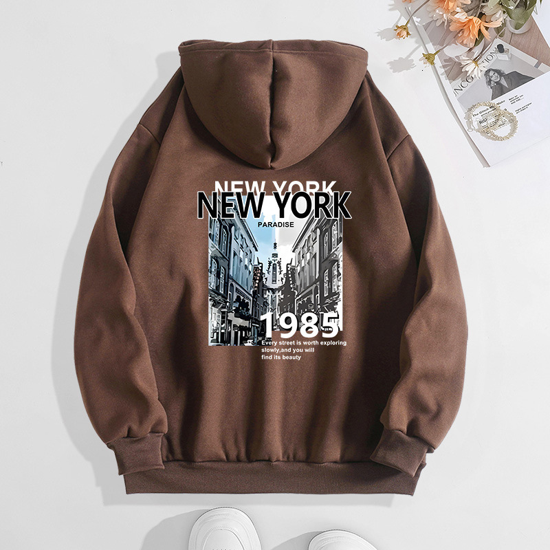 New York City Printed Hoodie for Autumn Winter, with Back Collar and Velvet, Women's Top F7.31#25