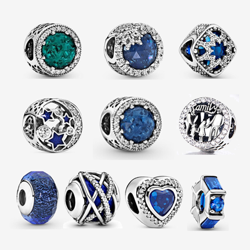 Blue Color 925 Sterling Silver Charm Heart Dream Beads Fit S925 Snake Bracelet Star Moon Plane Earth Map Beaded Couple Gift
