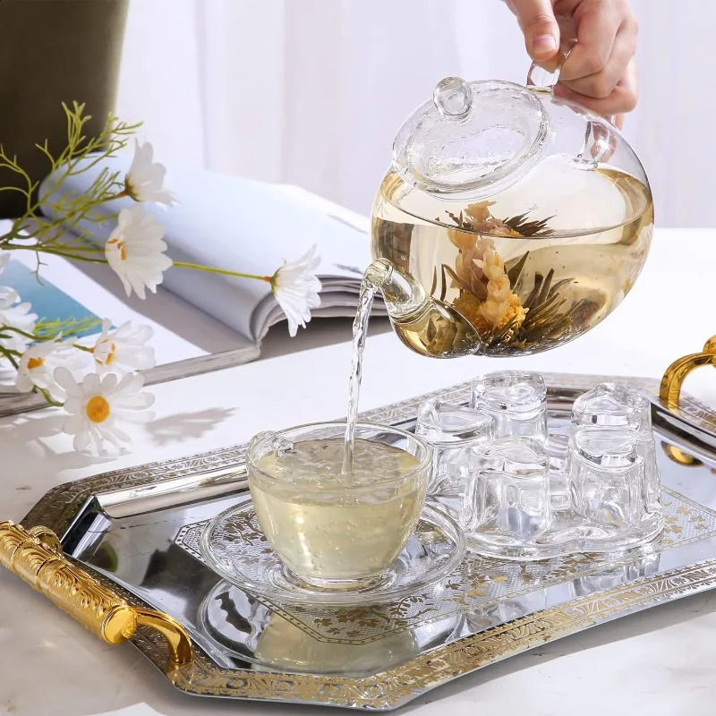 Glass Teapot Set 40OZ/1200ml Stovetop Safe Glass Tea Kettle with Removable Infuser Tea Warmer Tea Cups and Saucers Set of 4 240731