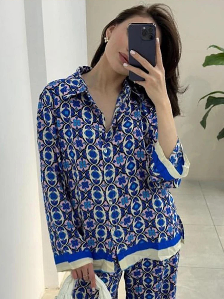 Printed Contrast Women Pant Sets Loose Full Sleeve Suit With Blouses Casual Wide Leg Outwear Pants Female Shirt 2 Pcs Set 240731