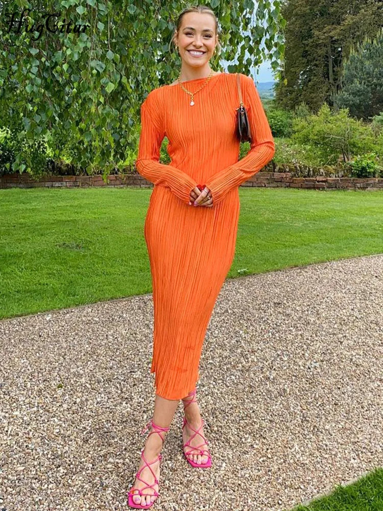 Hugcitar Women Elegant Ribbed Solid O Neck Long Sleeve Maxi Prom Dress Fall Sexy Bodycon Evening Birthday Party Y2K Robe 241031