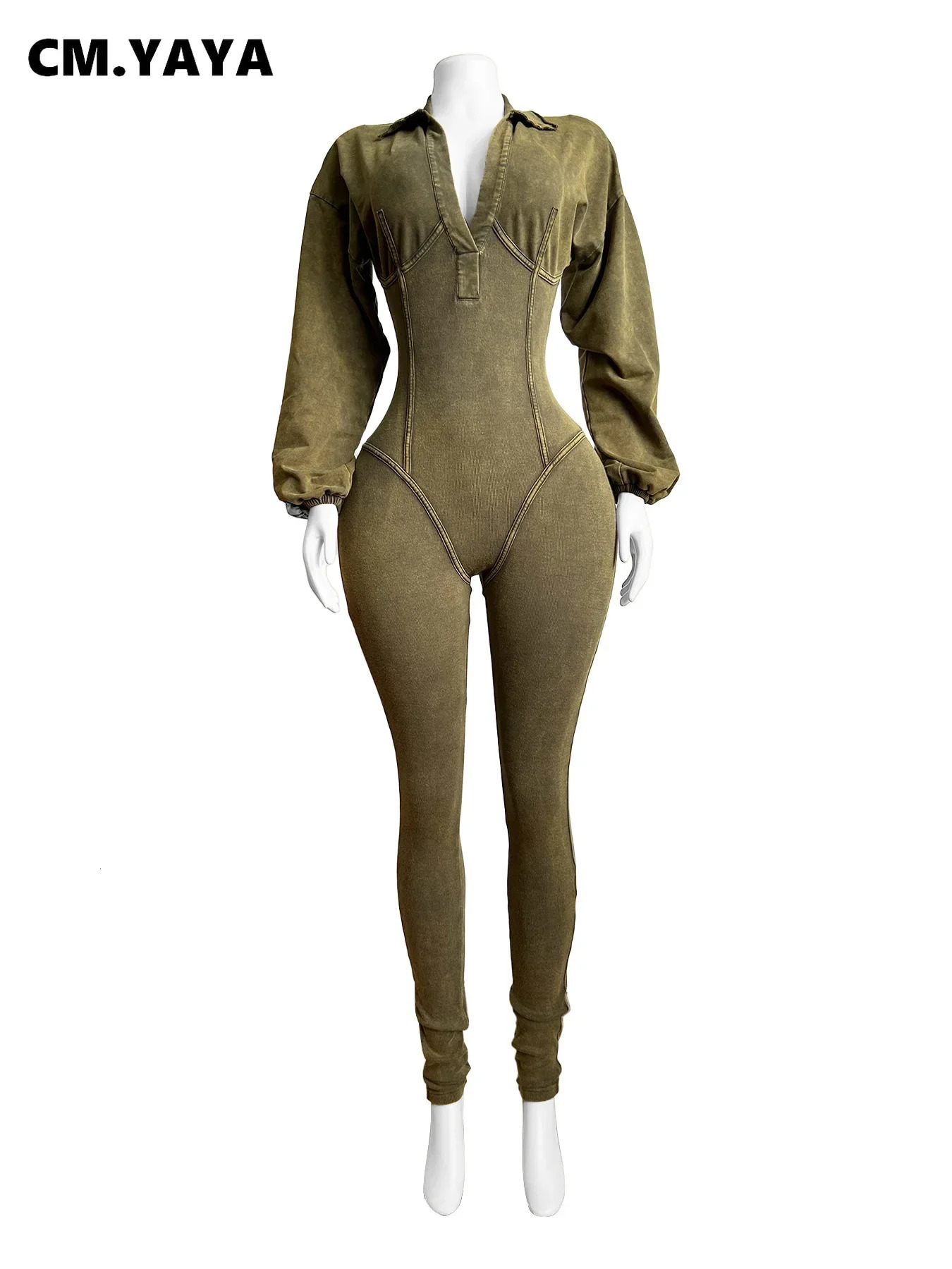 CM.YAYA Fashion Women Knit Ribbed Long Sleeve Moto Biker Jumpsuits 2024 Autumn Washed Street Playsuit One Piece Suit Romper 241031