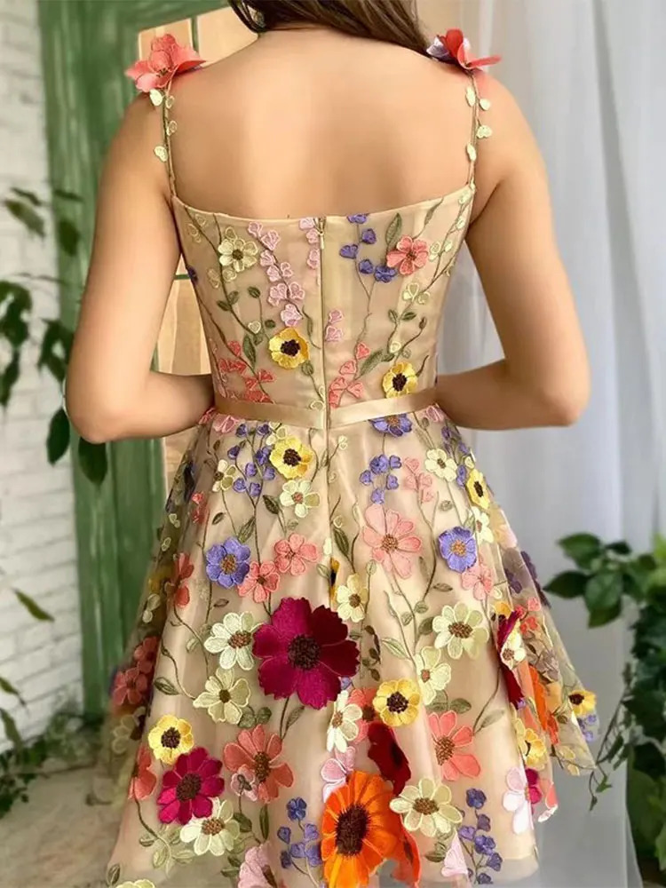 3D Flower Tulle Square Neck Mini Sling Dress Female Backless A-line Gown Short Vestidos Women Chic Evening Cocktail Party Robes 240321