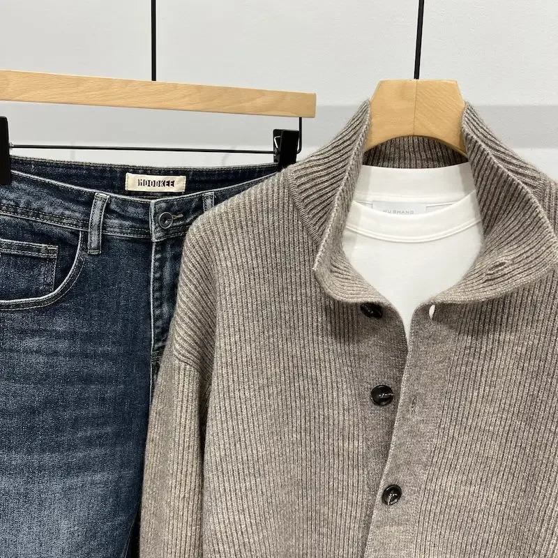 Beige Cardigan Black Knitted Sweaters for Men Plain Polo Man Clothes Solid Color Korean Autumn Japanese Retro Sheap Cigaret 241031