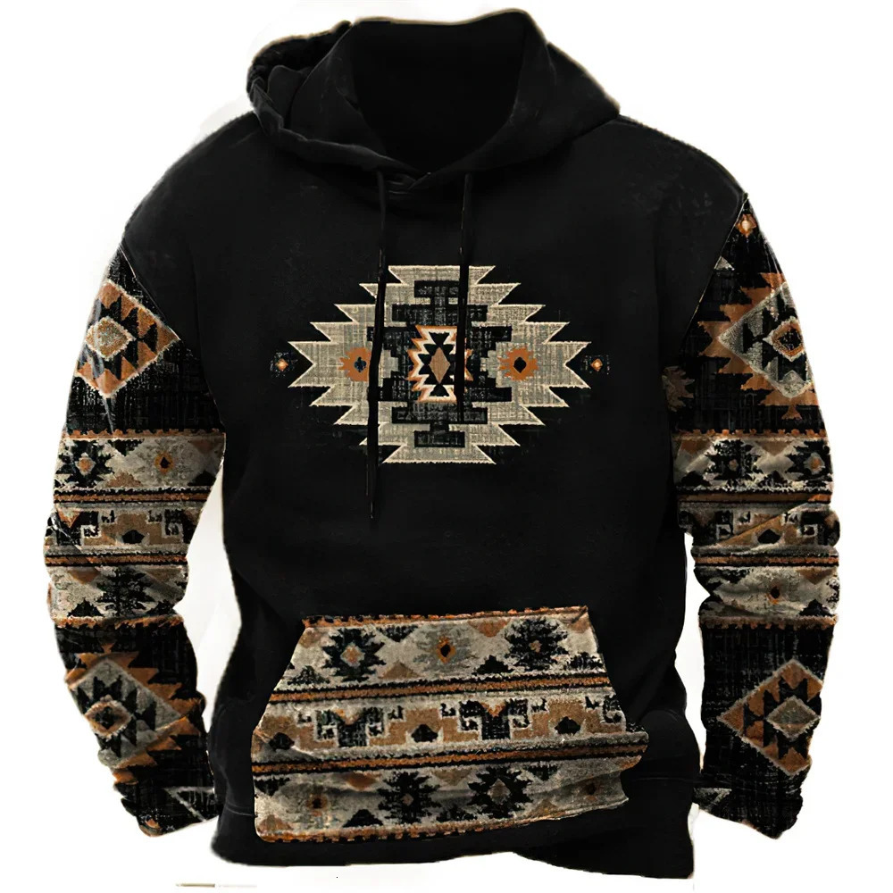 Retro tribal style mens hoodie fashion sportswear Spring and Autumn loose floral casual jacket street clothing oversized top 241031