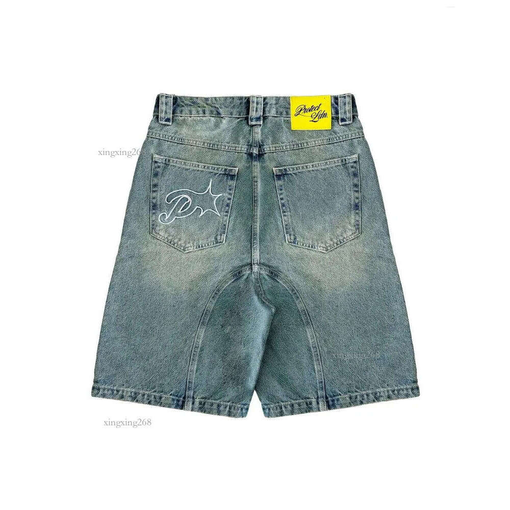 Men's Pants Shorts Harajuku Hip Hop Letters Embroidery Vintage Blue Baggy Jeans Denim Gym High Waist Mens Basketball Jorts