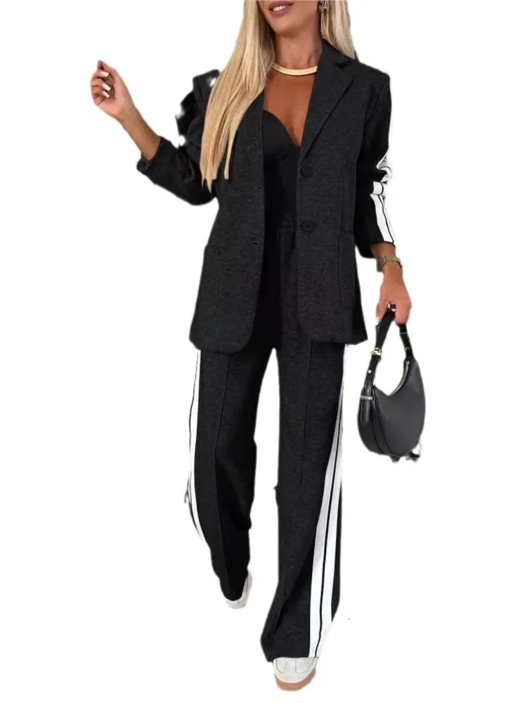 Fashion solid color two-piece set womens V-neck long sleeved set autumn winter jacket long pants casual two-piece set 241031