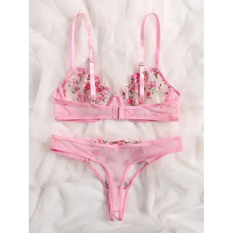 Bra Brief Set Woman 2 Pcs Lingerie Sexy Floral Embroidery Underwear Mesh Intimate Transparent Lace Short Skin Care Bralette Kits 241031