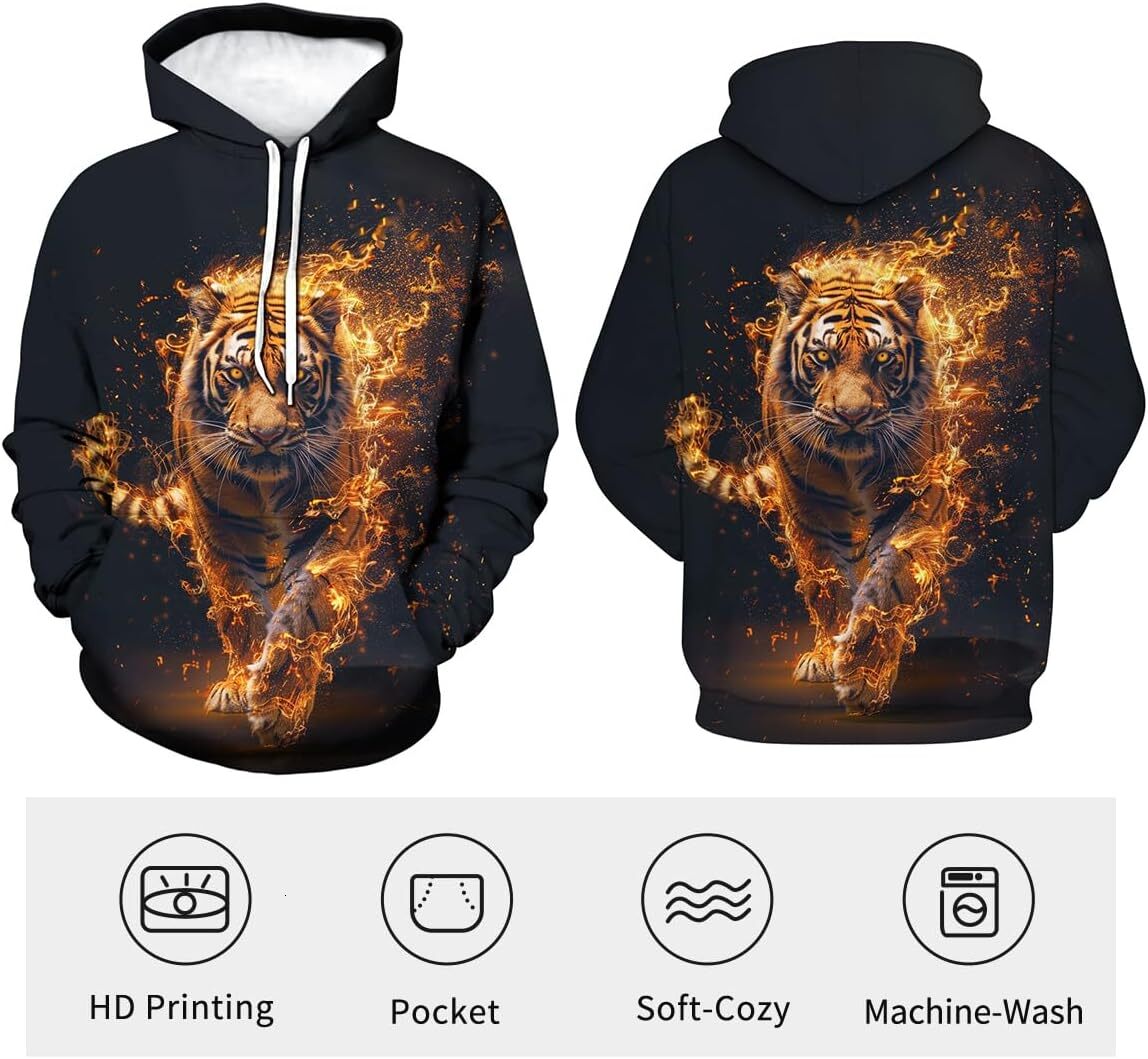Hoodie for Mens Womens Novelty Tiger Hoodie Funny Animal Graphic Sweatshirts Graphic Hoodies sweatshirt Pullover Long Sleeve Fashionable and Warm