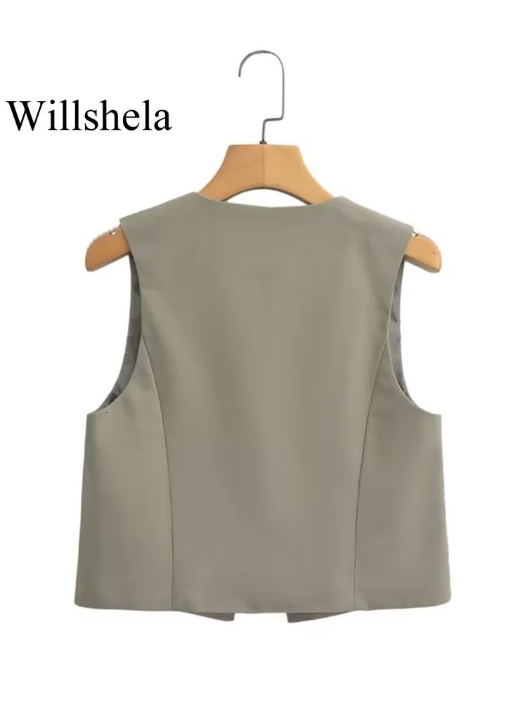 Willshela Women Fashion With Beading Army Green Lace Up Vest Sleeveless Jackets Vintage VNeck Waistcoat Female Chic Tank Tops 241024