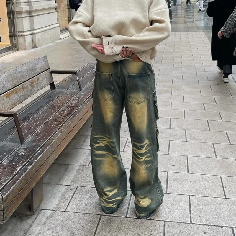 Y2k Hip Hop Retro Streetwear Mens Jeans Distressed Faded Washed Oversized Pockets Loose Cargo Pants High Street Wide Leg Pants 241031