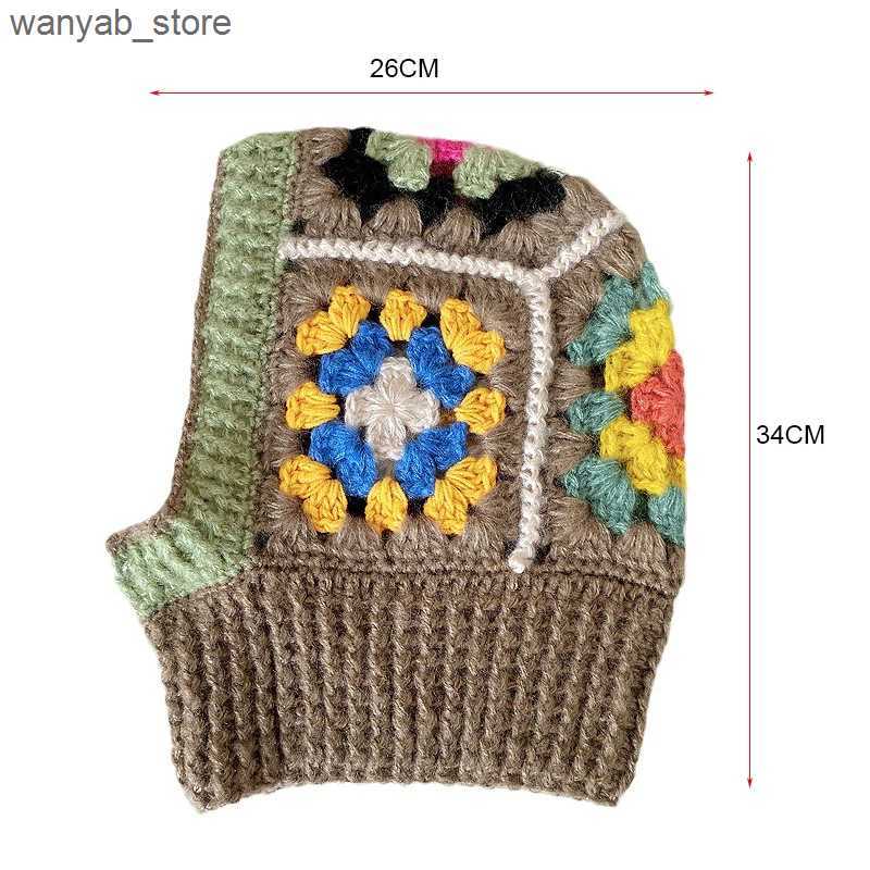 Wide Brim Bucket Handmade Crochet Balaclava Hats for Women Autumn and Winter Wool Knitted Pullover Beanies Cap Neck Warmer Female Hooded Caps L240910 