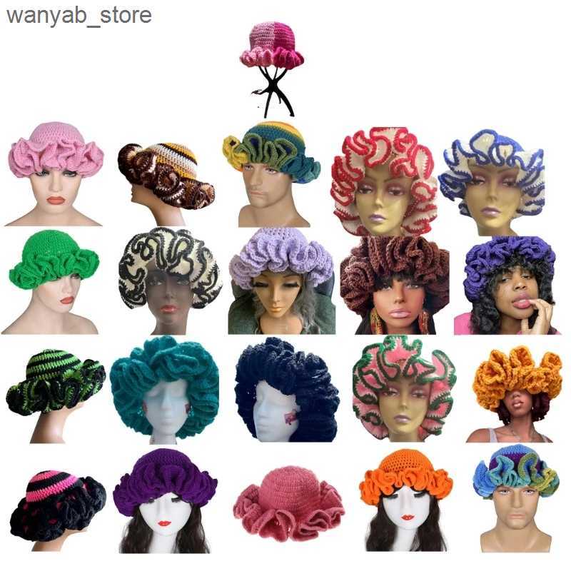 Wide Brim Hats Bucket Hats Handmade Crochet Bucket Hat for Woman Teen Outdoor Commute Fisherman Hat Ruffled Brim Winter Windproof Carnival Hat L240910
