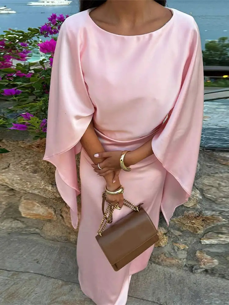 Pink Satin Cloak Long Sleeve Loose Robes For Women Elegant O Neck High Waist Slim Long Dress Ladies Club Evening Party Gowns 241031