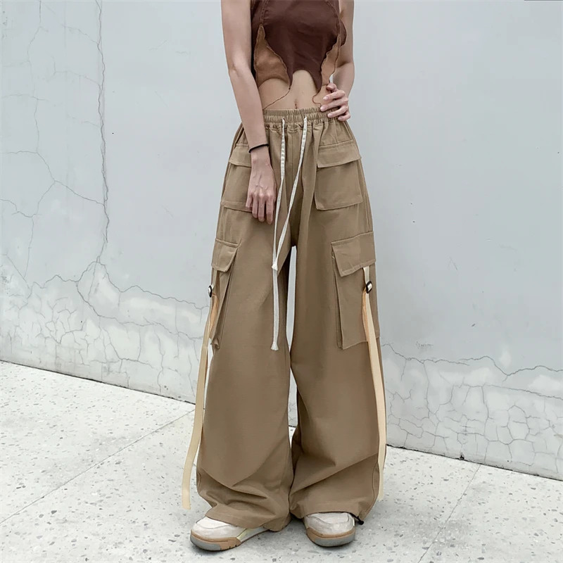 Cotton High Street Cargo Pants for Women Men with Ribbon High Waist Wide Leg Hip-hop Cool Dances Pants Ladies 241031