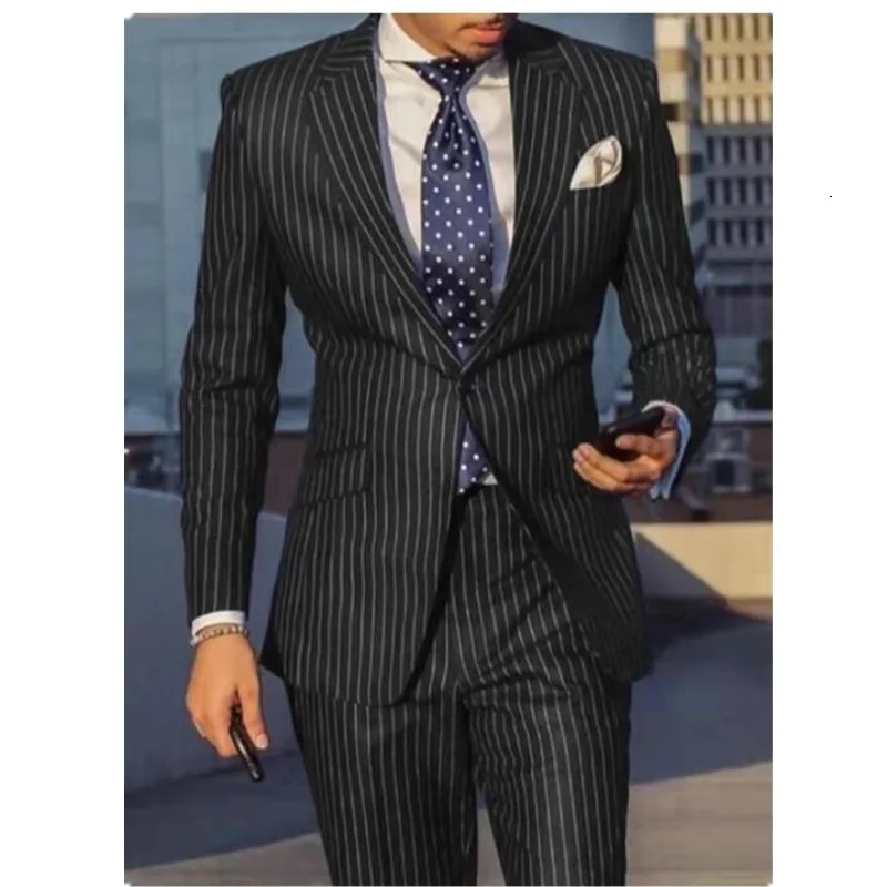 Navy BlueBlack Striped Men Suits Slim Fit Notch Lapel Single Breasted Wedding Groom Tuxedos 2 Piece Business Set JacketPants 241024