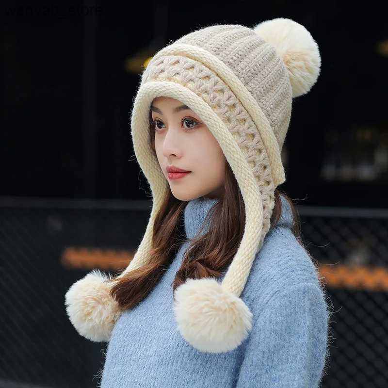 Wide Brim Hats Bucket Hats Women Winter Peruvian Cover Ears Beanie Hat Ear Flaps Sherpa Ski Snow Hats Knit Fce Lined 3 Pom L240910