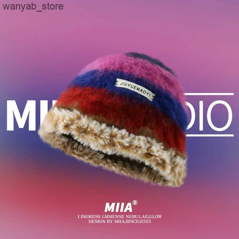 Wide Brim Hats Bucket Hats Japanese New Gradient Wool Vintage Color Stripe Beanies Women Handmade Crochet Beanie Thick Warm Knitted Hat Winter Bucket 