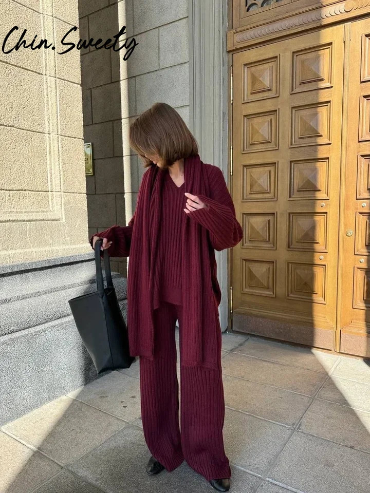 Casual solid knitted woolen suit with scarf womens lazy V-neck long sleeves wide legs pulled together Trouser autumn womens suit 241031
