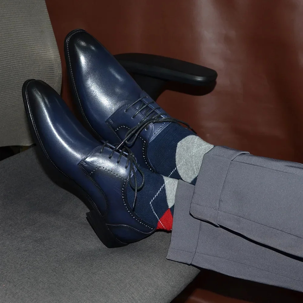 2025 Original Derby Mens Dress Shoes Blue Genuine Leather Lace Upper Flat Dot Upper Formal Mens Wedding Business Shoes 241031