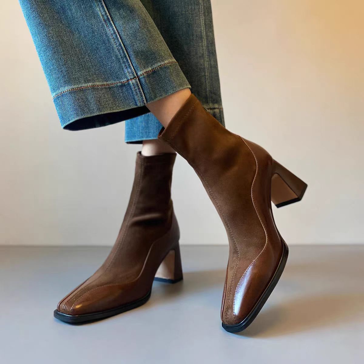 Women's Fashion Boots:France Retro Style Square Toe Boots Winter New Style Design Sense Trendy,Black/Brown,Free shipping