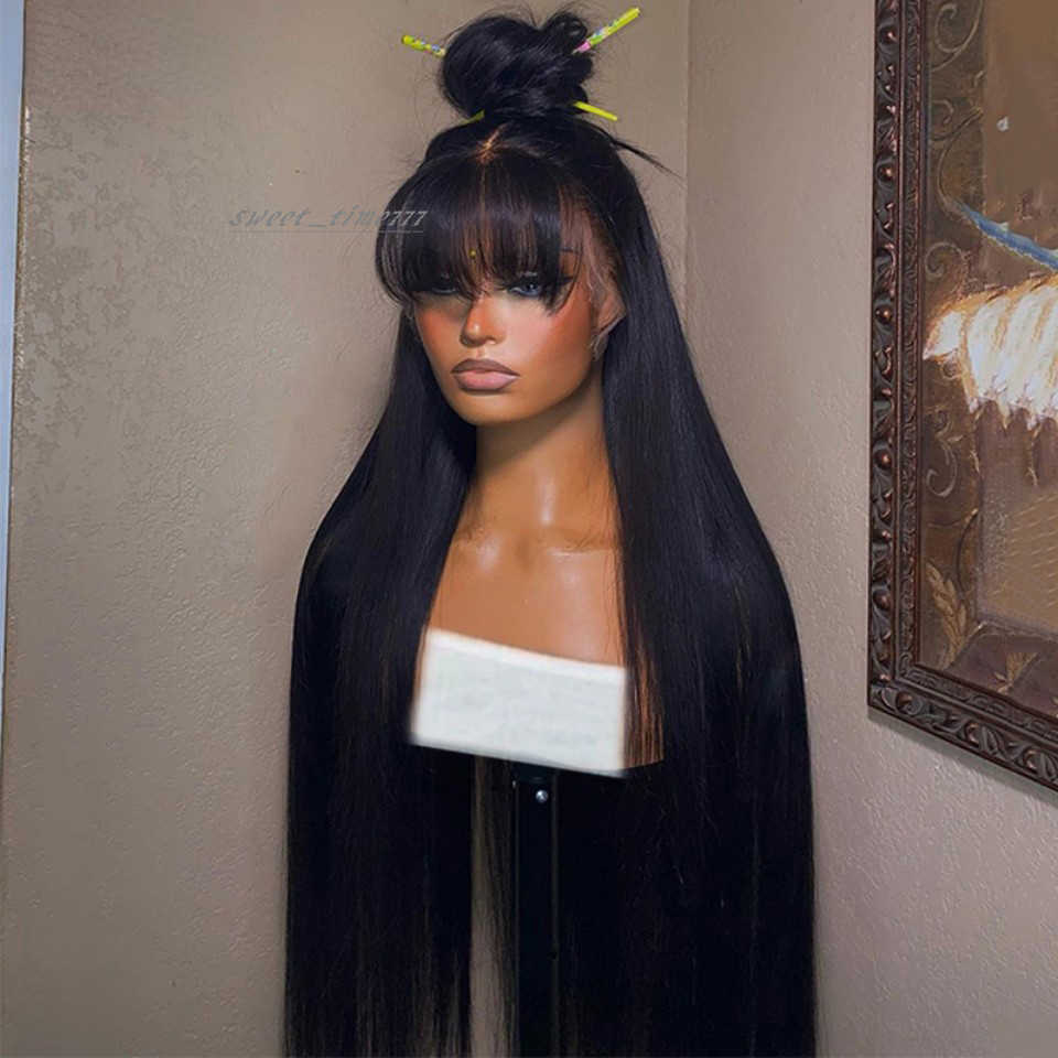 180density Brazilian Hair Middle Part StraightWig with Bangs Simulation Human Hair Wigs Glueless Black Wig Full Lace Front Wig for Women