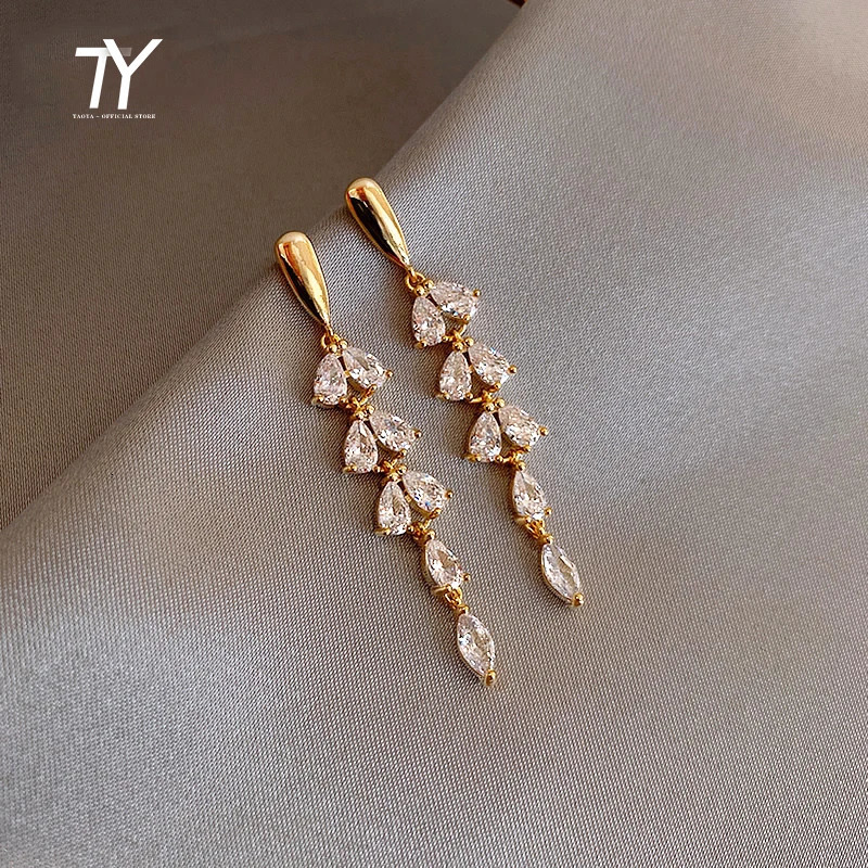 Shiny Zircon Tassel Leaf Shape Gold Color Earrings For Womans Fashion Jewelry Wedding Party Unusual Girls 241031