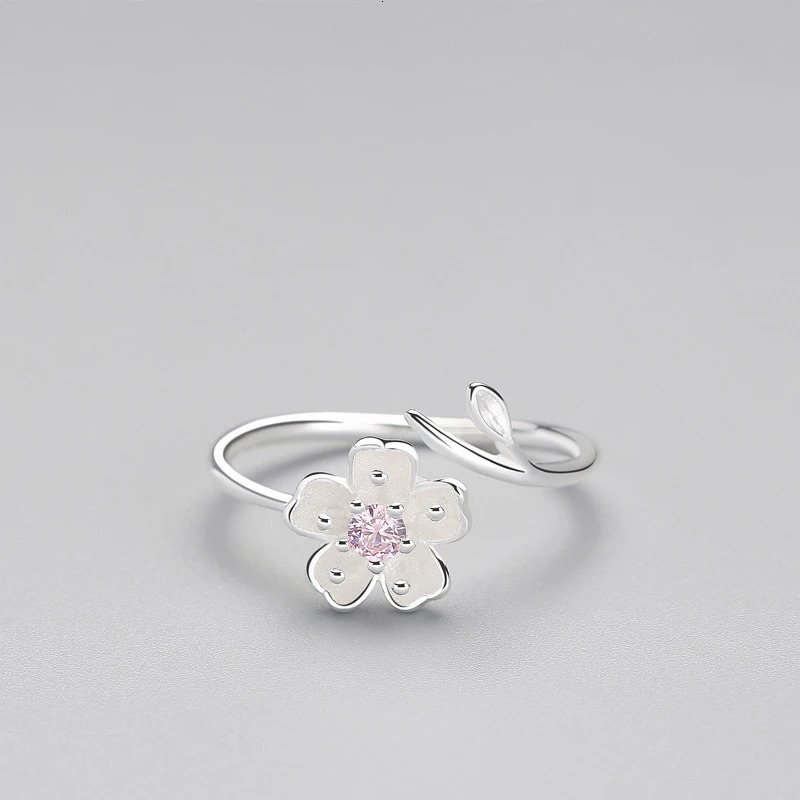 Real 925 Sterling Silver Zircon Enamel Plum Flower Adjustable Ring Elegant Fine Jewelry For Women Romantic Party Bijoux 241031