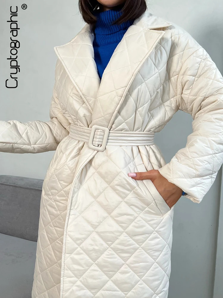 Cryptographic Fall Winter Long Sleeve Parkas Quilted Coats and Jackets for Women Warm Belt Trench Coat Warm Down Jackets Clothes 241031