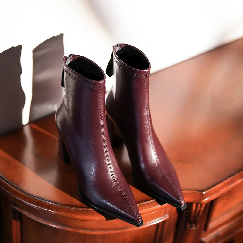Bury Pointed Toe Boots Mid Calf Botas Chunky Heels Zippers Cozy Versatile Retro Black atos Mujer Autumn Winter Women Shoe 241031