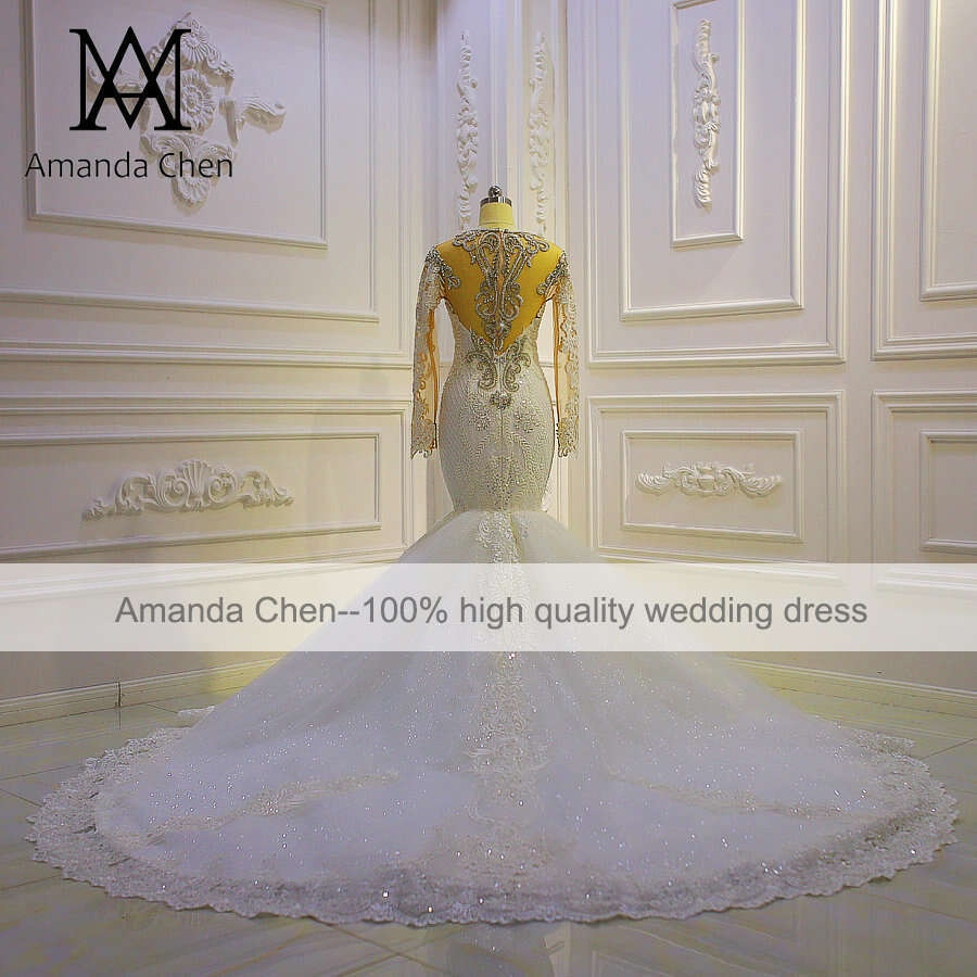 vestidos de novia 2024 Long Sleeve Lace Applique Crystal Mermaid Wedding Dress