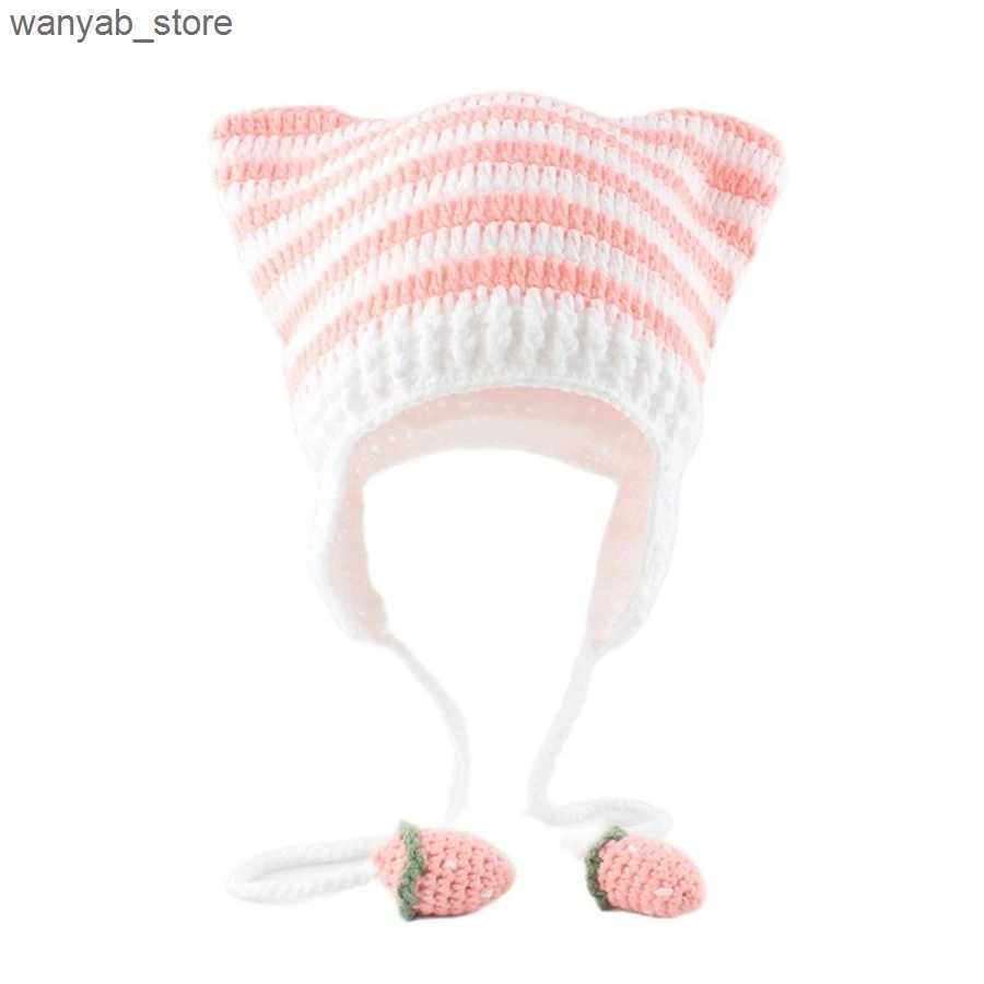 Wide Brim Hats Bucket Hats Autumn Winter Skullies Beanies Cute Women Cat Ears Knitted Hat Handmade Crochet Earflap Costume Beanie Hats Girls Hip-hop C