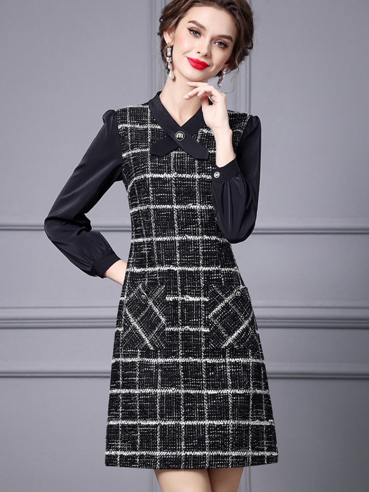 OC 413n57 Women's Dress Handmade Basic Casual Dresses Autumn and Winter Coarse Floral Woolen Commuting Skirt Customization Plaid Top
