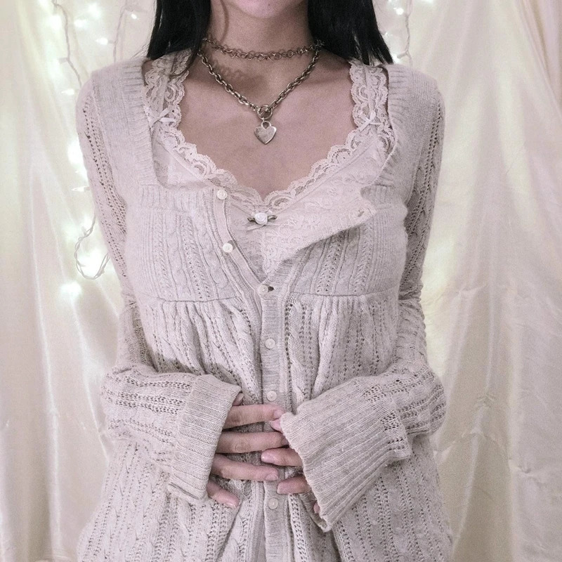 00s Aesthetic Kawaii Knitwear Tshirt Women Clothes Coquette Grunge Y2K Vintage Sweater Single Breasted Long Sleeve Cardigan 241031
