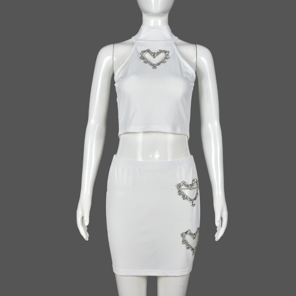 9612SD Nazada Love Water Diamond Hollow Out Belly Hot Girl Vest Short Skirt Fashion Casual Set for Women 220602