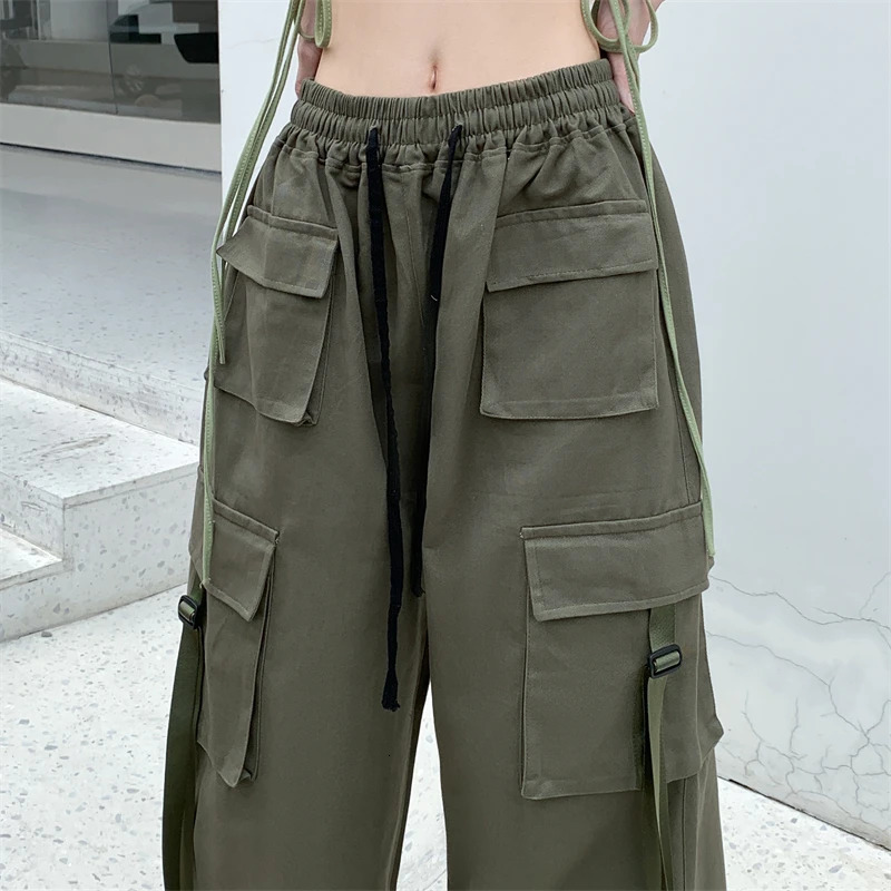 Cotton High Street Cargo Pants for Women Men with Ribbon High Waist Wide Leg Hip-hop Cool Dances Pants Ladies 241031