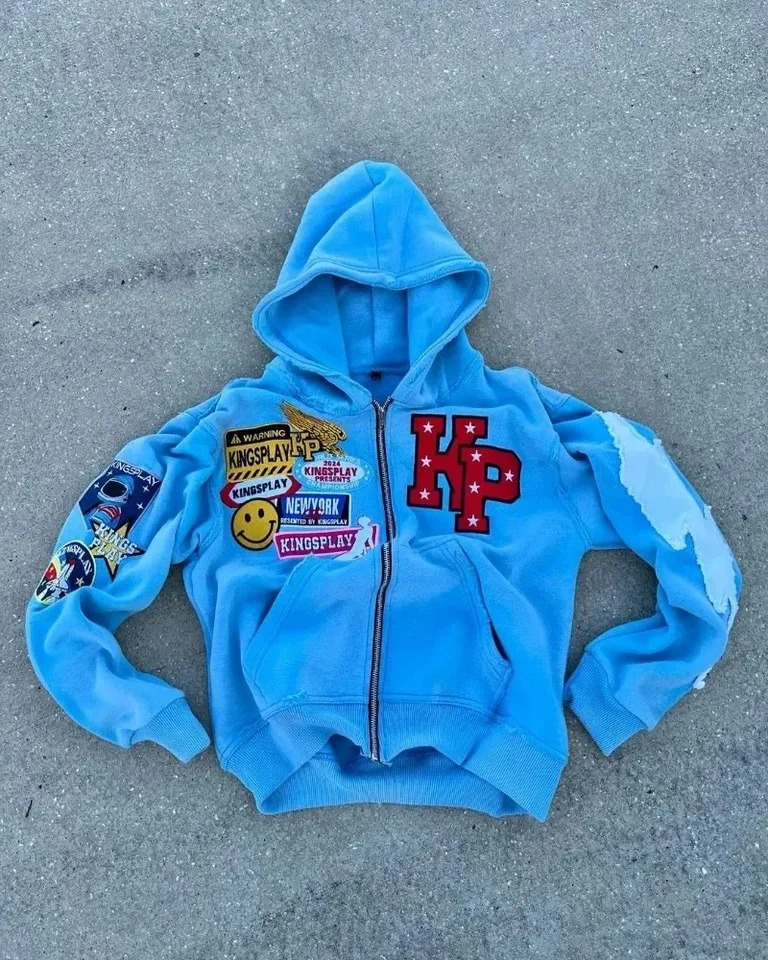 Y2k Fashion Retro Punk Trendy Zipper Hoodie Mens American Street Harajuku Hip hop Letter Embroidered Oversized Sweatshirt 241031