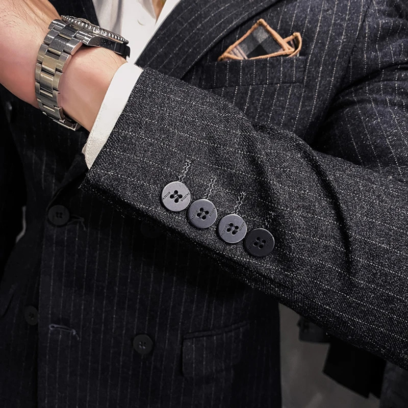 S-7Xl ( Blazer Vest + Pants ) Striped Plaid Solid Color Mens Formal Business Suit 3Pcs Set Groom Wedding Social Show Dress