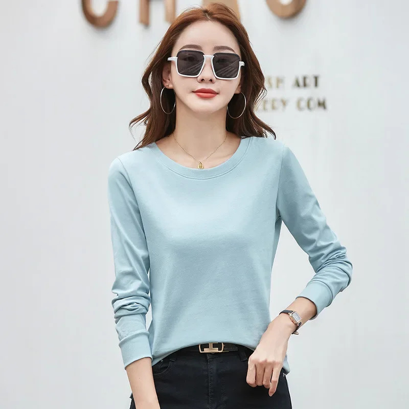Long sleeved round neck womens T-shirt solid color casual womens bottom shirt womens cotton T-shirt clothing wholesale 241031