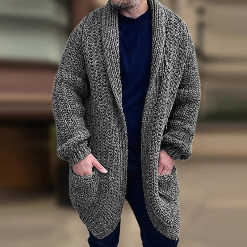 Vintage Solid Color Knitting Long Cardigan Mens Autumn Winter Casual Sleeve Loose Sweatercoats For Men Streetwear Knitwear 241029
