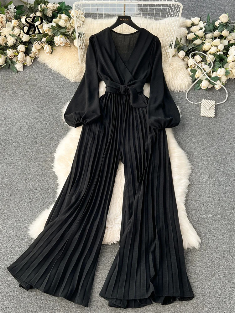 SINGREINY V Neck Jumpsuits for Women Long Puff Sleeve Belt Loose Wide Legs Pleated Pants Streetwear Fashion OL Bodysuits 241031