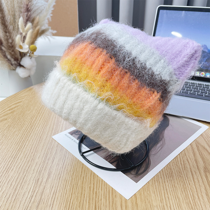 2024 Cat Ear Knitted Hat Solid Warm Pig Ear Wool Hat Cute and Fashionable Hooded Niche Design Hip Hop Personalized Cold Hat 240625