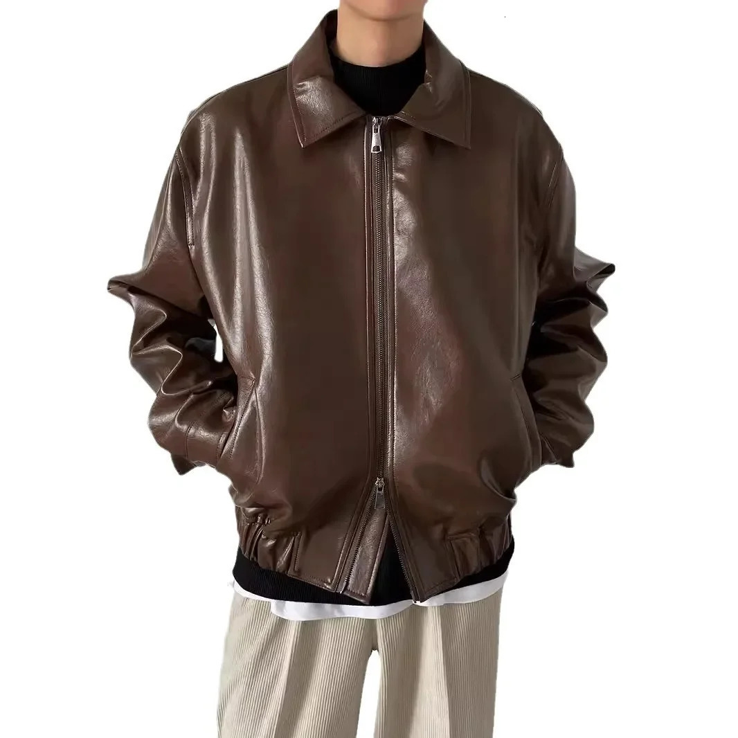 Elegant Retro Motorcycle Mens Handyman Jacket Fashion Korean Cut Leather Jacket Casual Loose Suitable for Autumn and Winter 241031