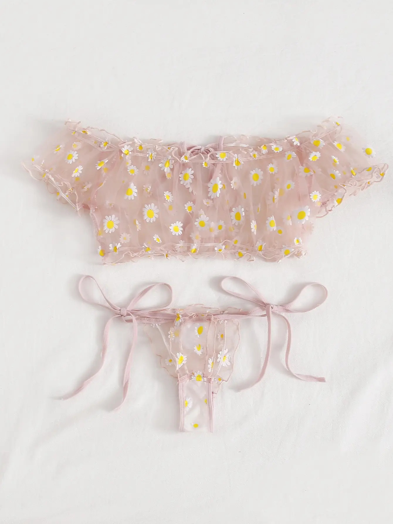 Daisy Print Sexy Lingerie Set Womens Erotic Bra Kit Breathable See-Through Underwear Suit Strapsless Bralette Tops Panties Sets 241031