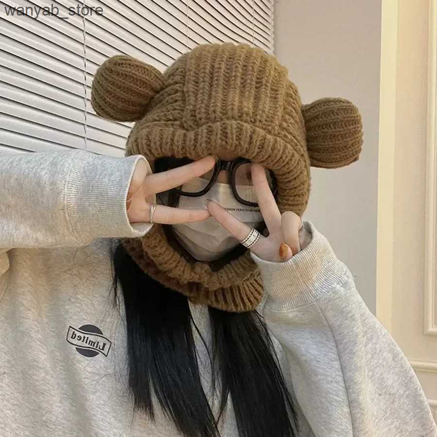 Wide Brim Hats Bucket Hats NEW Lovely Womens Fashion Knitted Hat Caps Cute Bear Ears Adult Soft Plush Thickened Outdoor Ear Protection Warm Hat Female