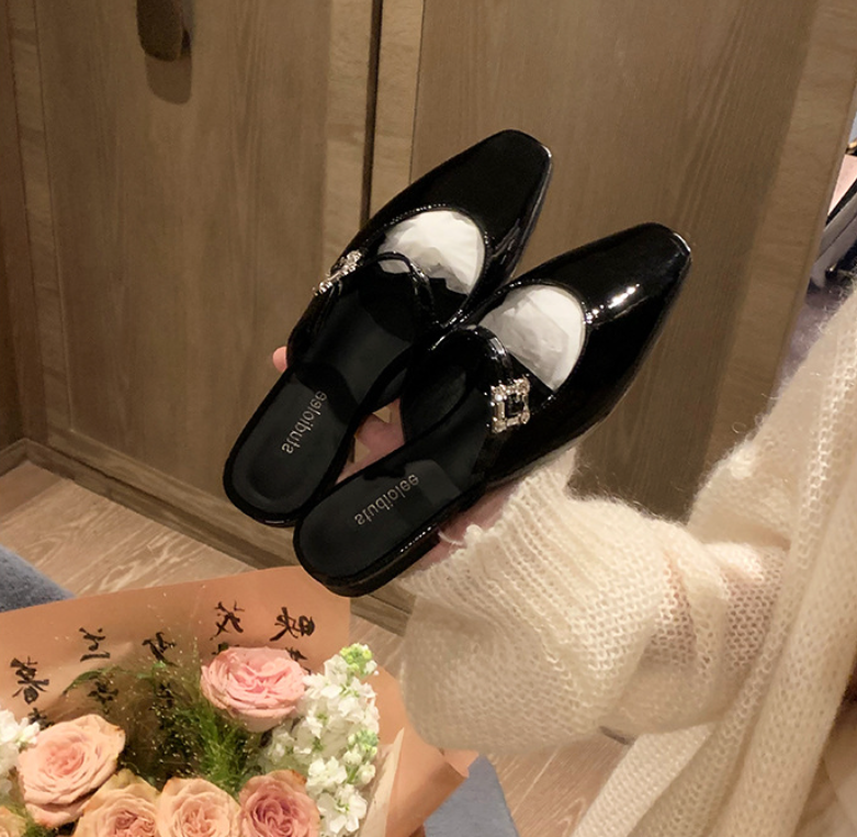 Women's Fashion Slipperes:Pointed Toe Low Heel France Gentle Style Diamond Triple Black/Apricot,Free shipping
