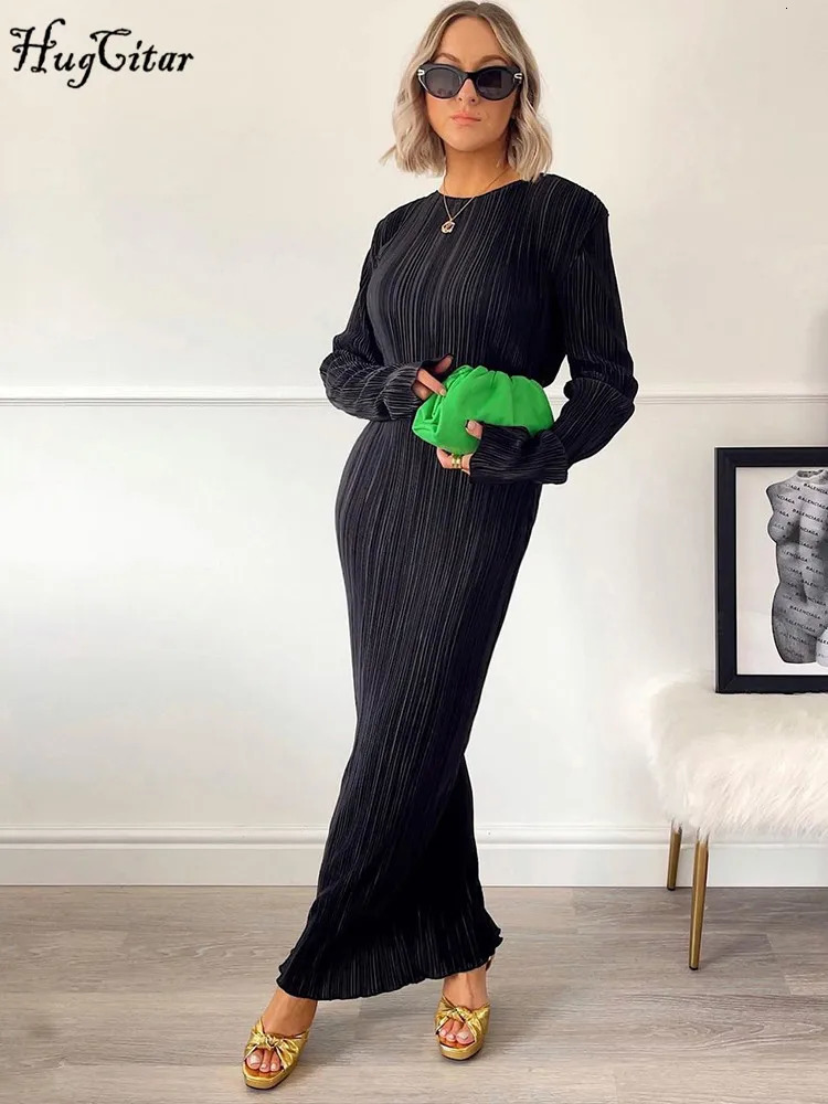Hugcitar Women Elegant Ribbed Solid O Neck Long Sleeve Maxi Prom Dress Fall Sexy Bodycon Evening Birthday Party Y2K Robe 241031